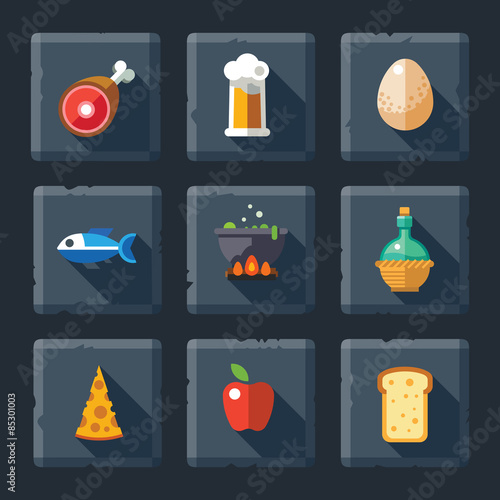 Cartoon vector flat relief game icon set on stone. Food and drink