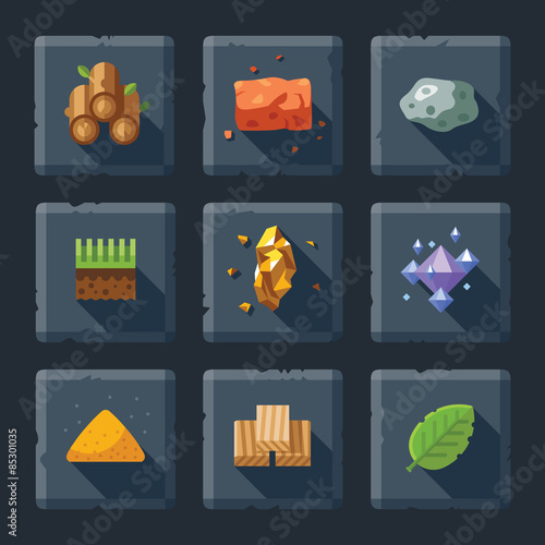 Cartoon vector flat relief game icon set on stone. Resources for construction