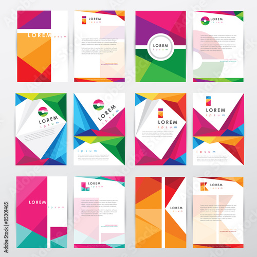 big set collection of trendy geometric triangular design style letterhead and brochure cover template mockups for business visual identity with letter logo elements- polygonal style