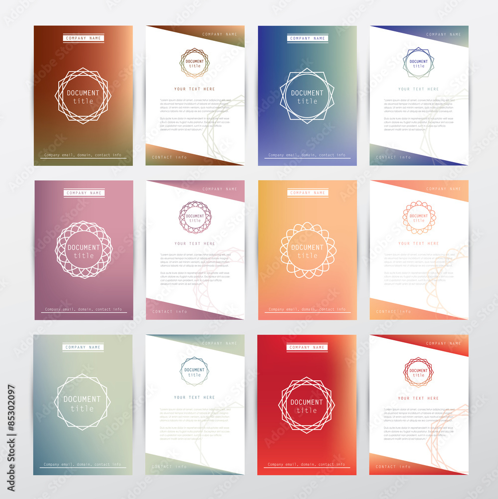 big set collection of trendy modern certificate template mockups for business visual identity with emblem monogram signs- colorful blurred background covers