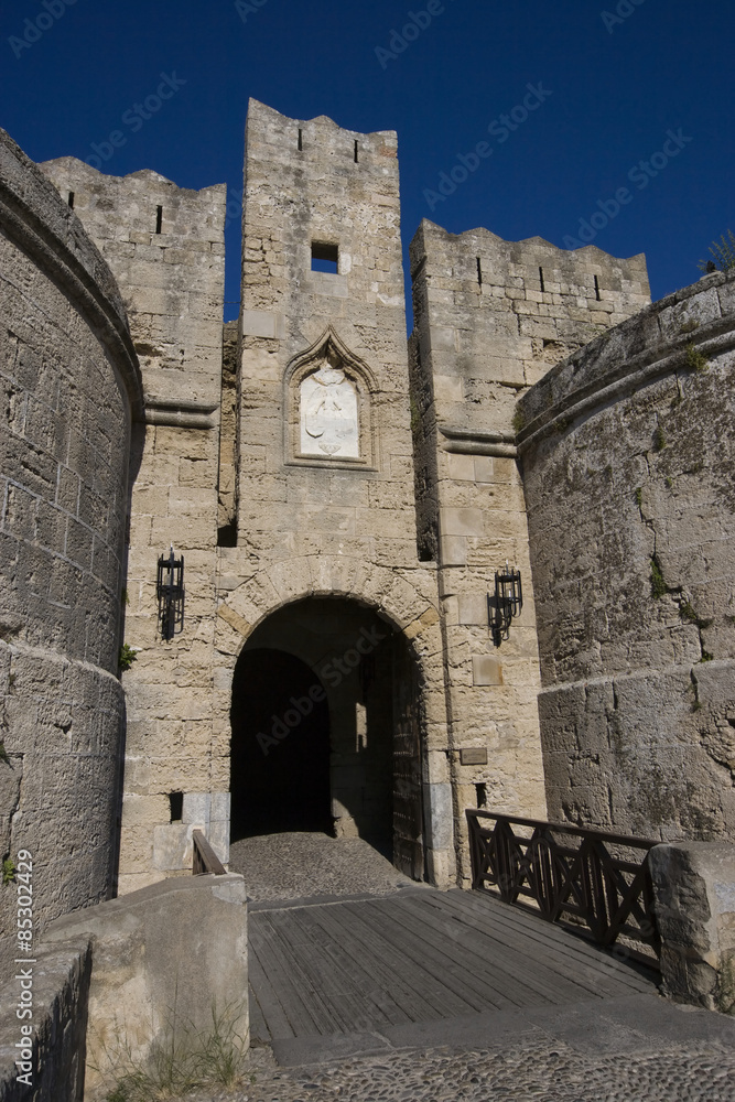 D'Amboise Gate, below the Palace of the Grand Master, one of the 11 gates to access the old city (medieval town) of Rhodes. Greece