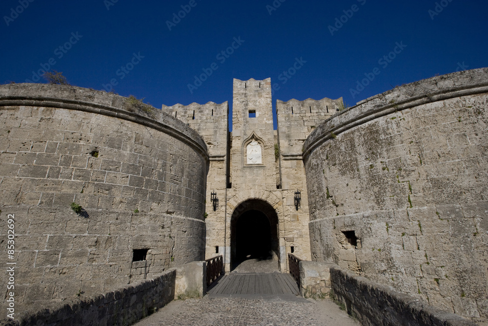 D'Amboise Gate, below the Palace of the Grand Master, one of the 11 gates to access the old city (medieval town) of Rhodes. Greece