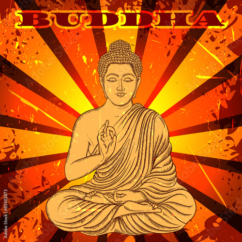 Vintage poster with sitting Buddha on the grunge background. Retro hand drawn vector illustration in sketch style 
