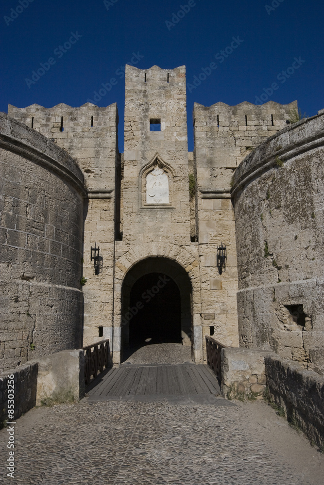 Obraz premium D'Amboise Gate, below the Palace of the Grand Master, one of the 11 gates to access the old city (medieval town) of Rhodes. Greece