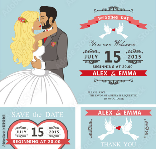 Wedding invitation set.Kissing Cartoon bride and groom