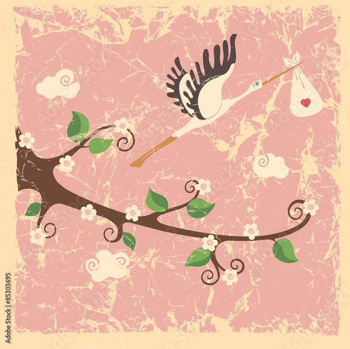 Vintage cartoon flowering branch, stork ,newborn baby girl