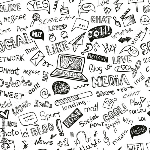Social Media Word,Icon seamless pattern.Doodle sketchy