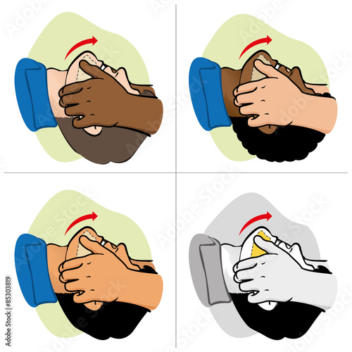 First Aid resuscitation (CPR), clearing breathing, positioning ethnicities