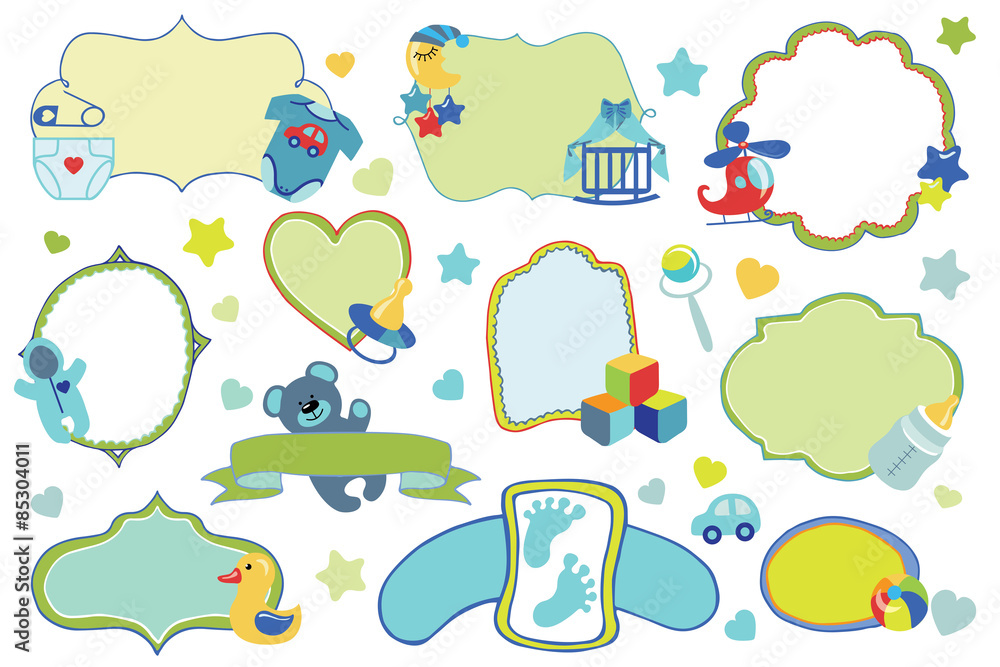 Naklejka premium Newborn Baby boy badges,labels set.Baby shower