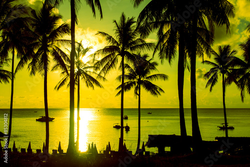 Fototapeta Naklejka Na Ścianę i Meble -  Palm trees silhouette at sunset on tropical island,vintage style