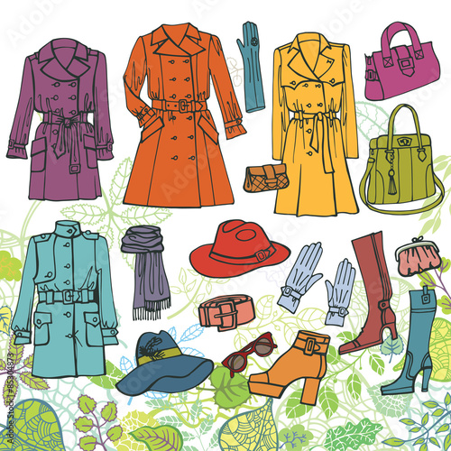 Fashion clothes set.Spring  woman wear,green  leaves