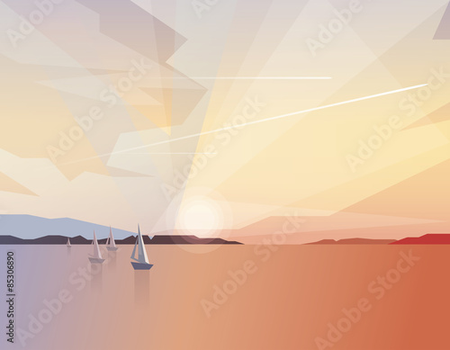 ocean view  landscape with sailing boats on colorful sunset and airplanes traveling through the sky