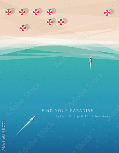 abstract minimalistic summer beach vacation holidays poster or wallpaper in trendy flat minimalistic style. Top view perspective of the blue ocean and white sand beach shore with parasols and yachts