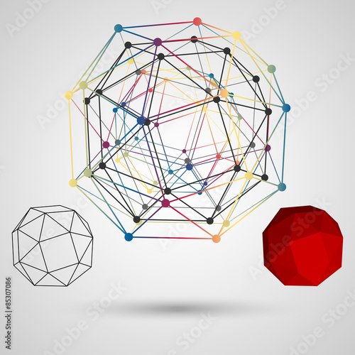 Colorful frame of the polygon with points at the vertices on a light background. Abstract geometric concept on the subject of science. Composition for your design.