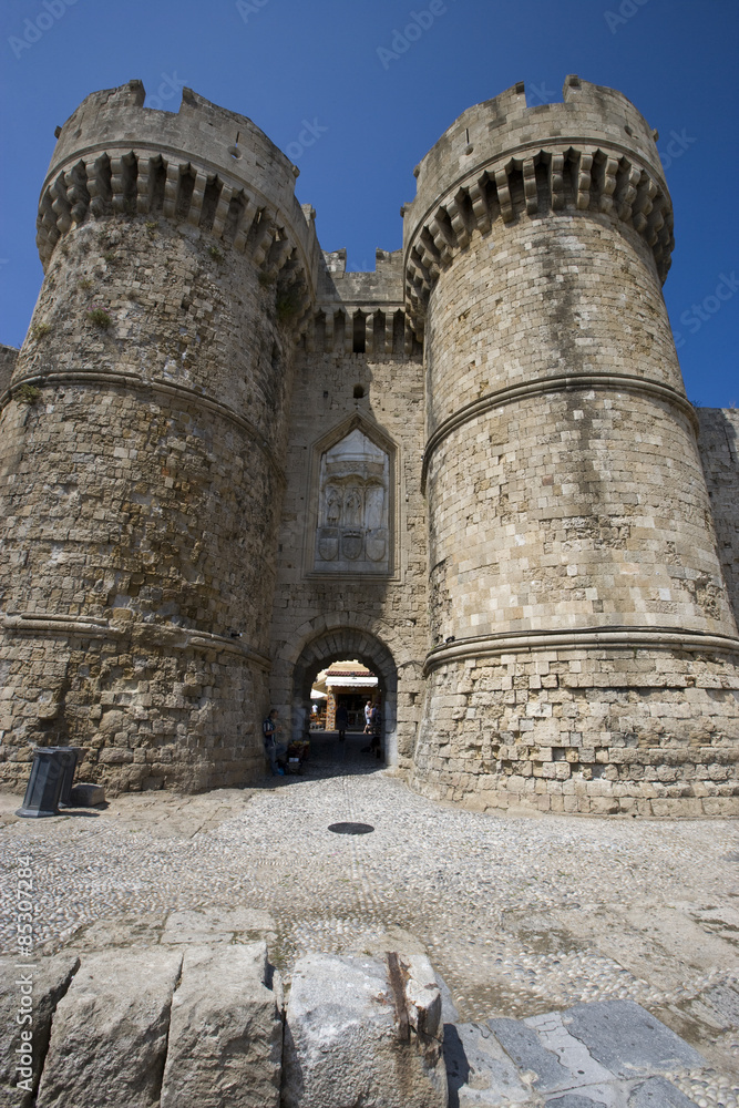 The Marine Gate ( also Sea Gate), one of the 11 gates to access the old city (medieval town) of Rhodes. Greece