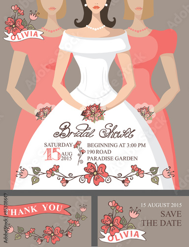 Bridal shower invitation set.Bride,bridesmaids,cute floral decor