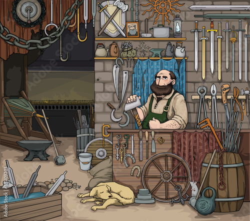 Blacksmith in his shop and workshop
