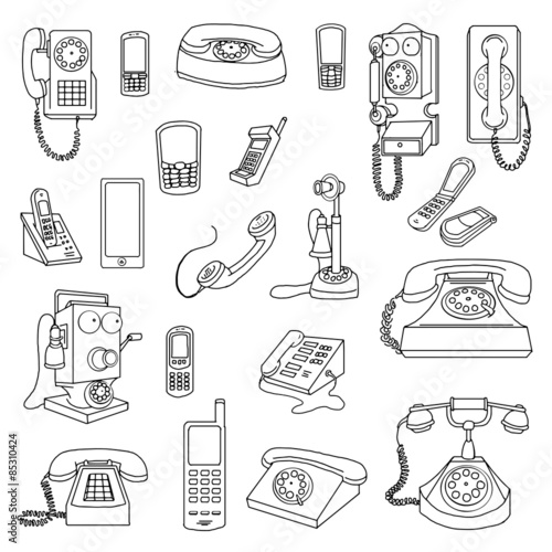 Vintage Phones, and modern Phones, hand drawn set