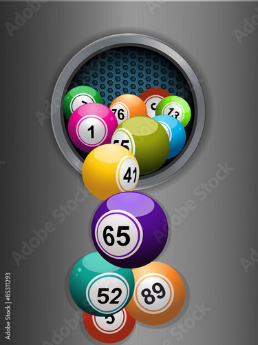 bingo balls falling from a metallic ring background