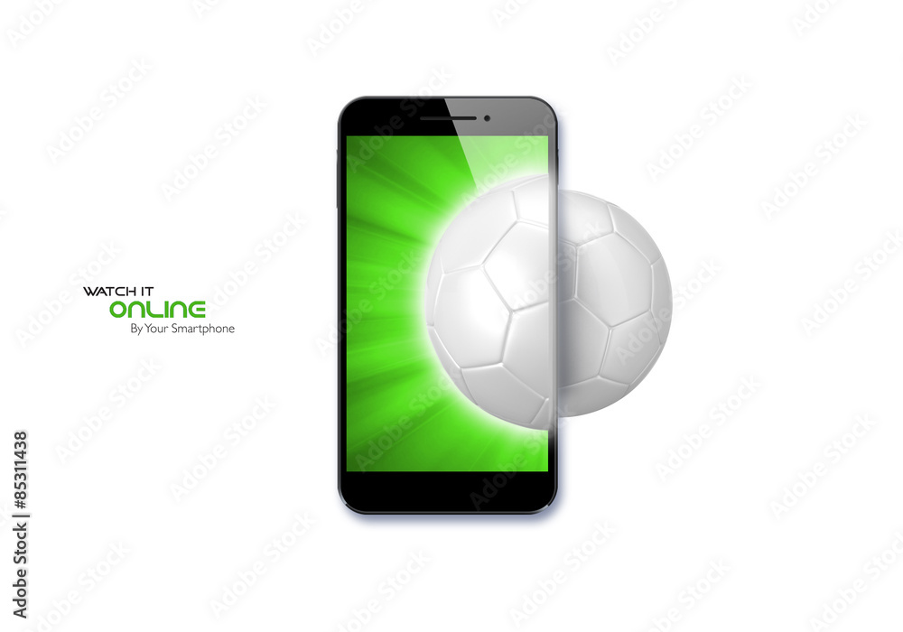 watch football on you smart phone mobile, white football with green background watch football on you smart phone mobile, white football with green background