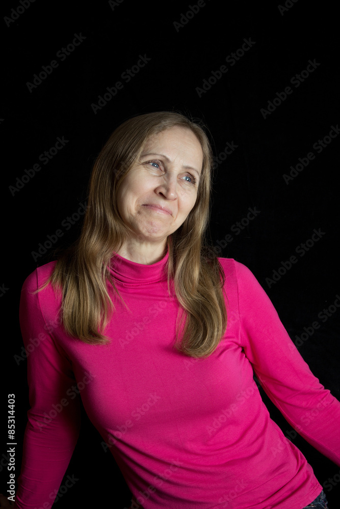 A woman in a red blouse