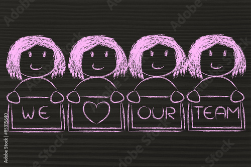 Schilderij op canvas group of happy women holding billboard We love our team