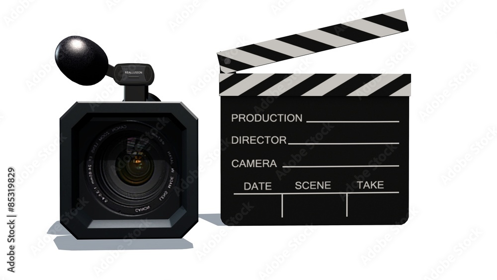 Fototapeta premium clapper board and HD camera isolated on white background