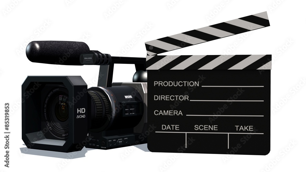 Fototapeta premium clapper board and HD camera isolated on white background