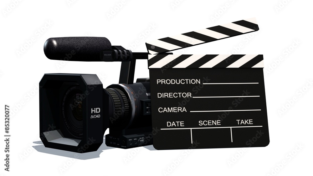 Fototapeta premium clapper board and HD camera isolated on white background