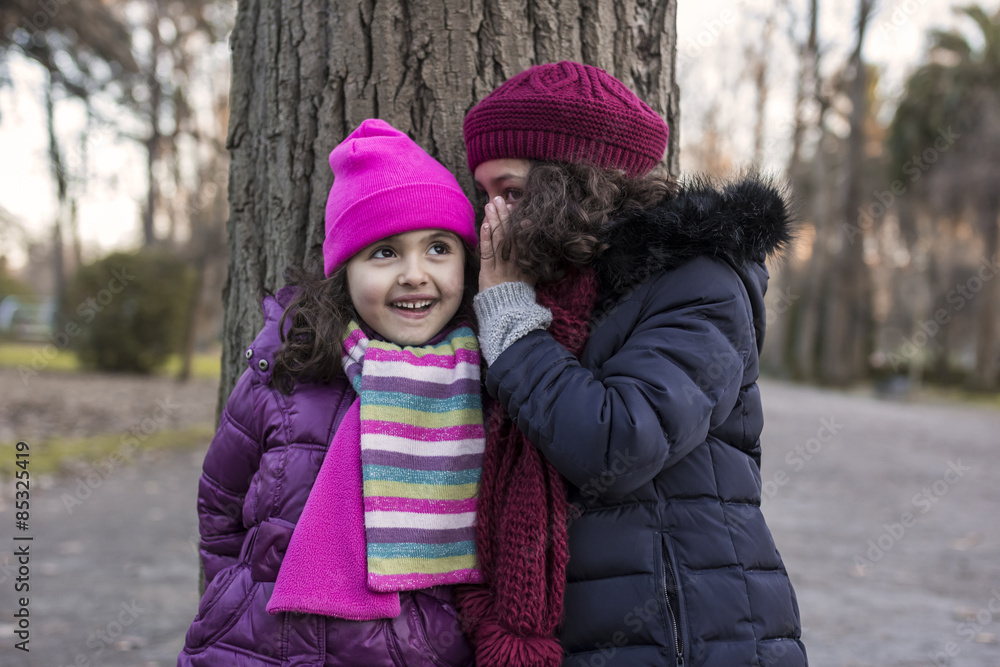 Girl telling another girl a secret in a park on a winter day Girl telling another girl a secret in a park on a winter day
