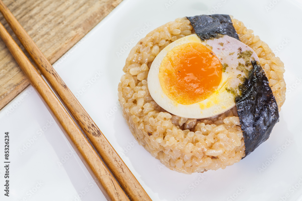 Japanese food onigiri rice ball and chopstick Japanese food onigiri rice ball and chopstick