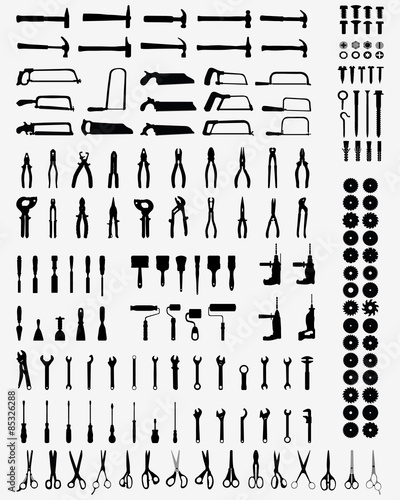 Set of black silhouettes of tools, vector