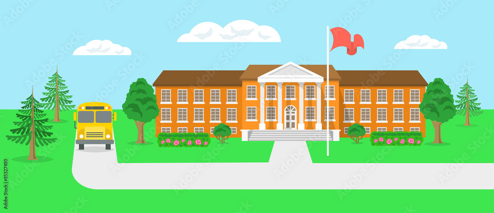 Modern flat vector illustration of school building and yard with green trees, shrubs, flowers, firs, road and school bus. Educational landscape horizontal header banner for web site