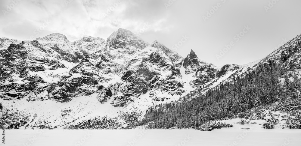 Naklejka premium Black and white panorama landscape of a frozen snow covered alpine lake and mountain peaks on a cloudy winter day.