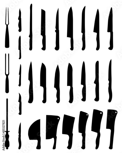 Black silhouettes of kitchen knives and cleavers, vector