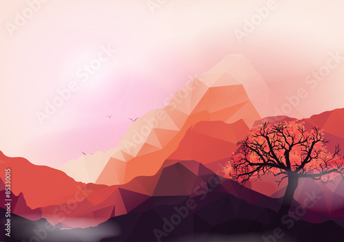 Geometric Mountain and Sunset Background - Vector Illustration