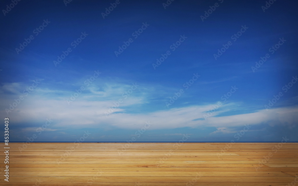 Wood floor and tiny cloud sky background with clipping path