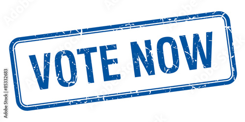 vote now blue square grungy vintage isolated stamp
