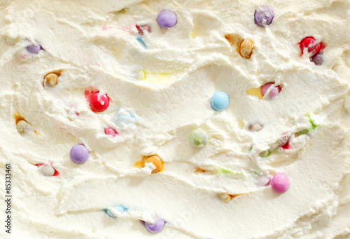 Creamy ice cream with colorful candy pearls