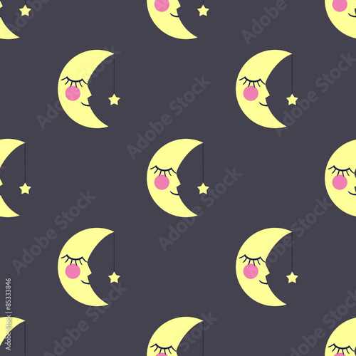 Seamless pattern with sleeping moons and little stars for kids holidays. Cute baby shower vector background. Night sky vector illustration.