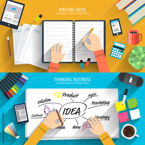 Flat design concept writing and thinking on desktop with element business. Vector illustrate.
