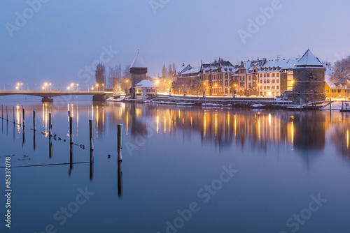 Germany, Baden-Wuerttemberg, Constance, Lake Constance, View to Powder tower and Rheintor tower in the evening photo