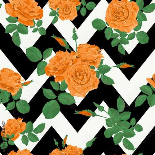 Seamless flower orange roses pattern with horizontal zig zag