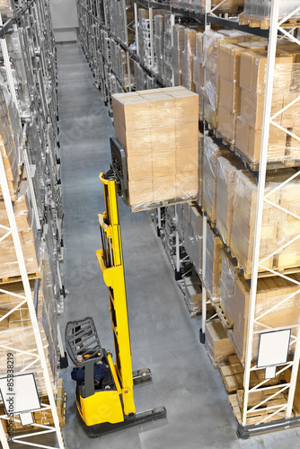 Forklift in a distribution warehouse