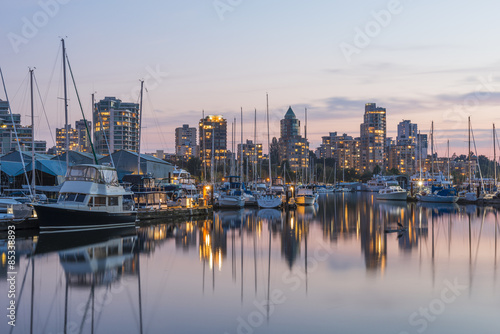 Canada, British Columbia, Vancouver, skyline at dusk as seen from Stanley Park