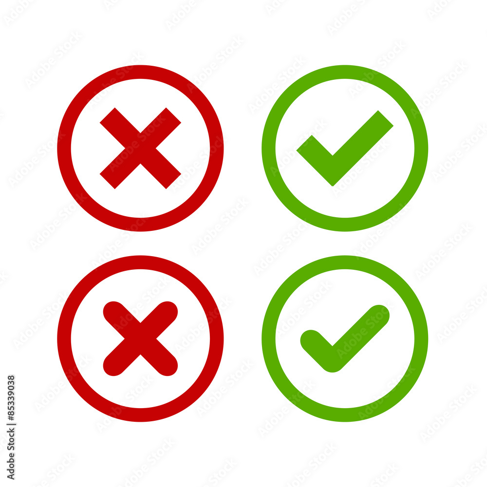 A set of four simple web buttons: green check mark and red cross in two variants (square and rounded corners). A set of four simple web buttons: green check mark and red cross in two variants (square and rounded corners).