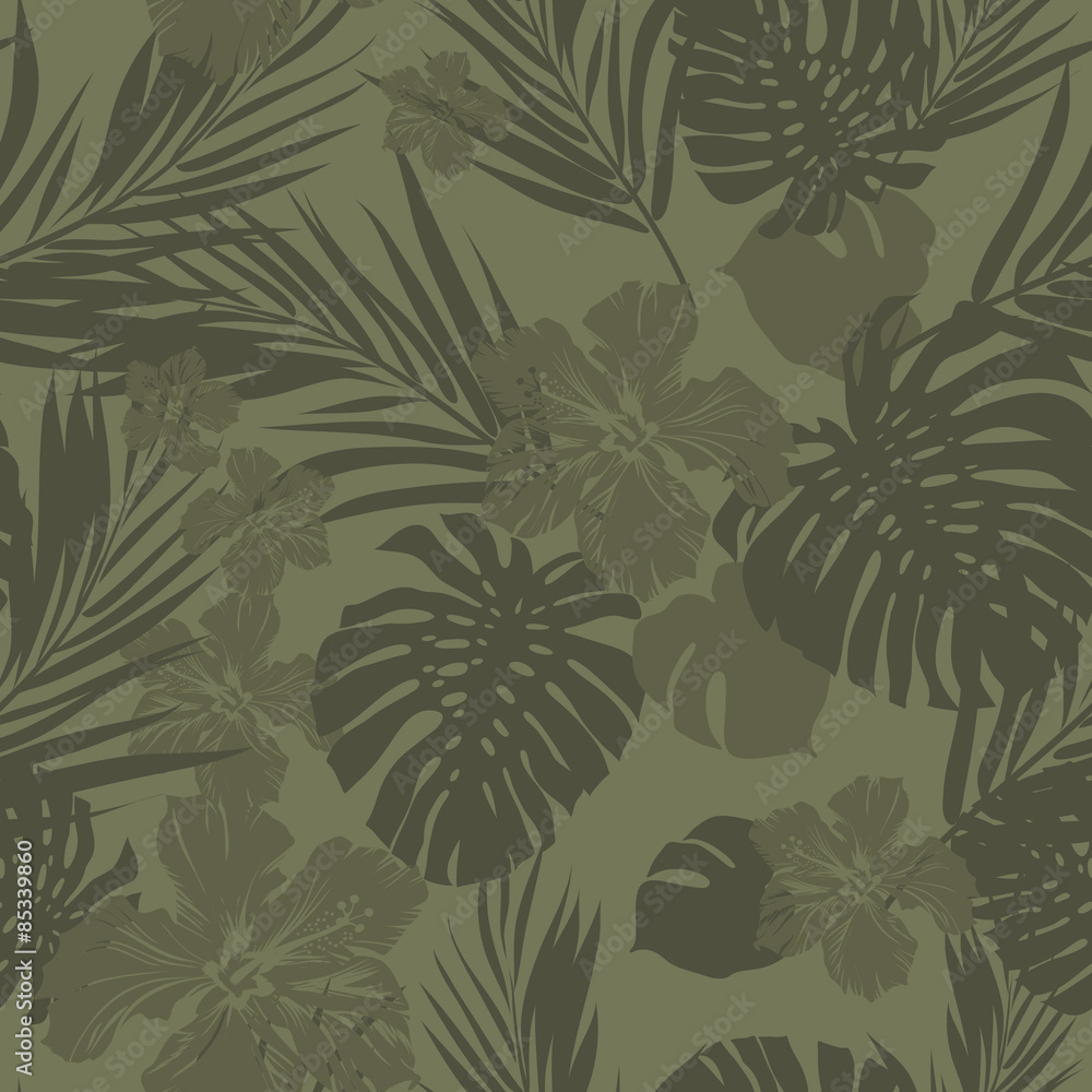 Fototapeta premium Tropical seamless monochrome khaki camouflage background with