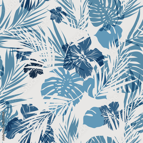 Tropical seamless monochrome blue indigo camouflage background