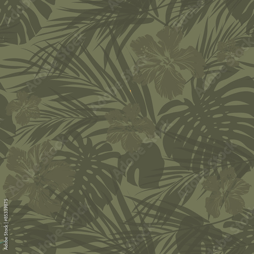 Tropical seamless monochrome khaki camouflage background with
