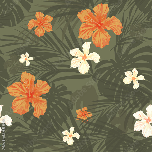 Tropical seamless monochrome khaki camouflage background with